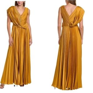 NWT Theia Satin Breann Pleated A-Line Gown Gold Sz 10 $745